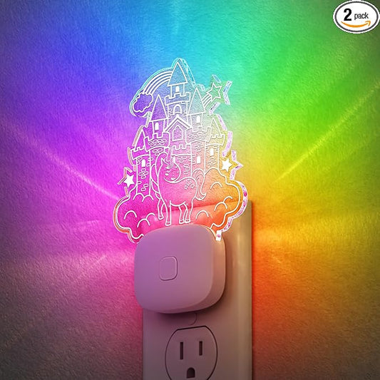 DORESshop Cute Night Light for Kids [2 Pack], Night Lights Plug Into Wall, Acrylic Carved Castle 8 Color Changing Baby NightLight with Dusk to Dawn Sensor, LED Night Lights for Children Girls Bedroom