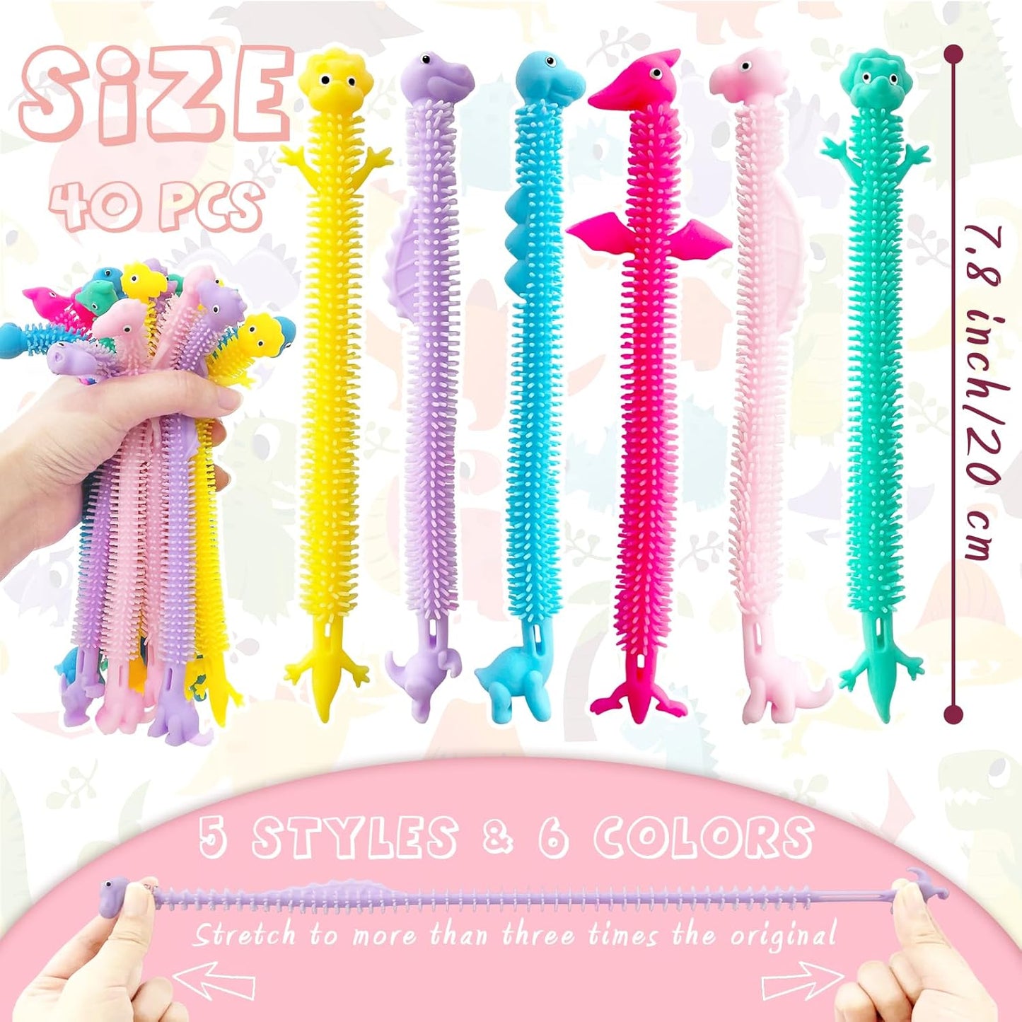40 Pcs Stretchy Fidget String Toys,Colorful Dinosaur Stretchy Strings,Sensory Fidget Dinosaur Stretch Toys with Wings for Children's Day,Kids,Valentine's,Easter,Party Favors,Back to School Gift