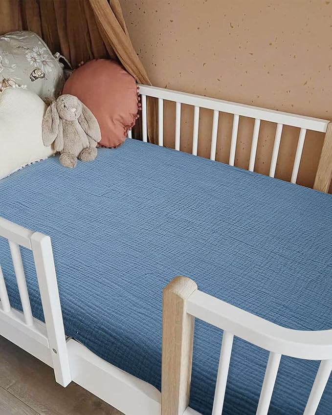 Crib Sheets for Boys Girl, Fitted Baby Toddler Bed Sheets 28" x 52", Neutral Muslin Cotton Crib Mattress Bedding Soft and Breathable Comfort (Blue)