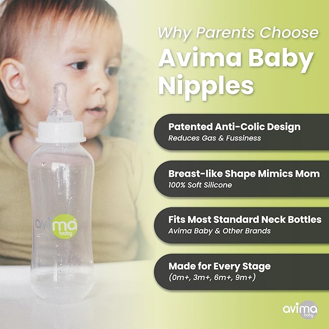 Avima Baby Anti Colic Nipples for Standard Neck Bottles, Silicone Breast Like Nipples - 3 to 6+ Months, Medium Flow, Level 2 (Pack of 6)