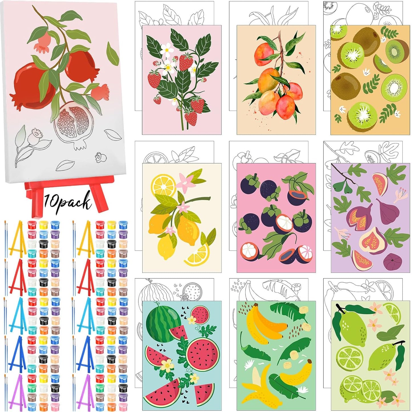 Blosssound 10 Set Pre Printed Canvas Pre Drawn Canvas Painting with Easel Kits 5" x 7" Outline Painting Panels for Beginners, DIY Craft Project, Party Favor, Home Decors(Fruit)