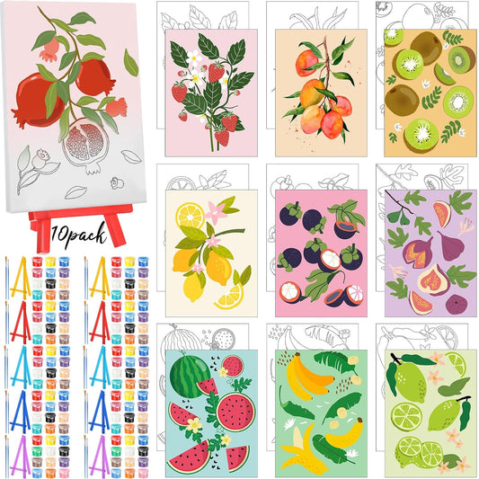 Blosssound 10 Set Pre Printed Canvas Pre Drawn Canvas Painting with Easel Kits 5" x 7" Outline Painting Panels for Beginners, DIY Craft Project, Party Favor, Home Decors(Fruit)