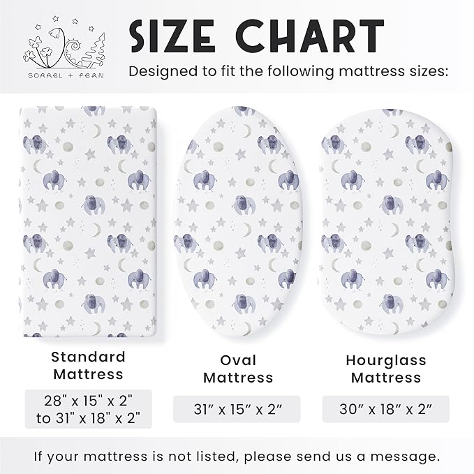 Baby Bassinet Sheets for Boy, Girl (Watercolor Elephants) 2-Pack - Fitted Bedside Bassinet Sheets - Buttery Soft Cotton Blend for Standard Mattress Pad - Compatible with Halo BassiNest