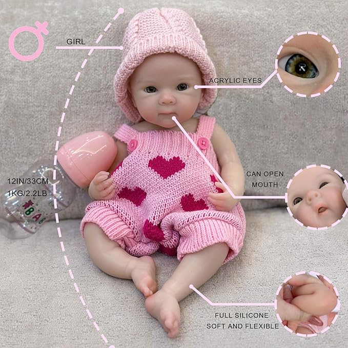 12 inch Full Silicone Reborn Baby Doll Girl Lifelike Newborn Dolls Open Mouth Real Life Baby Dolls with Feeding Accessories
