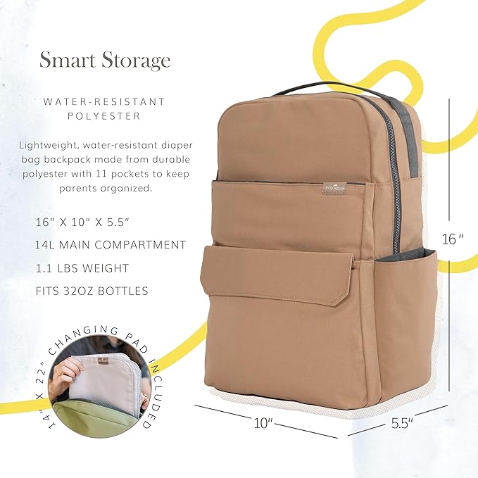 RED ROVR Roo Lightweight 1 LB Diaper Bag Backpack | 11 organizational pockets| Durable & Water-Resistant (Toffee)