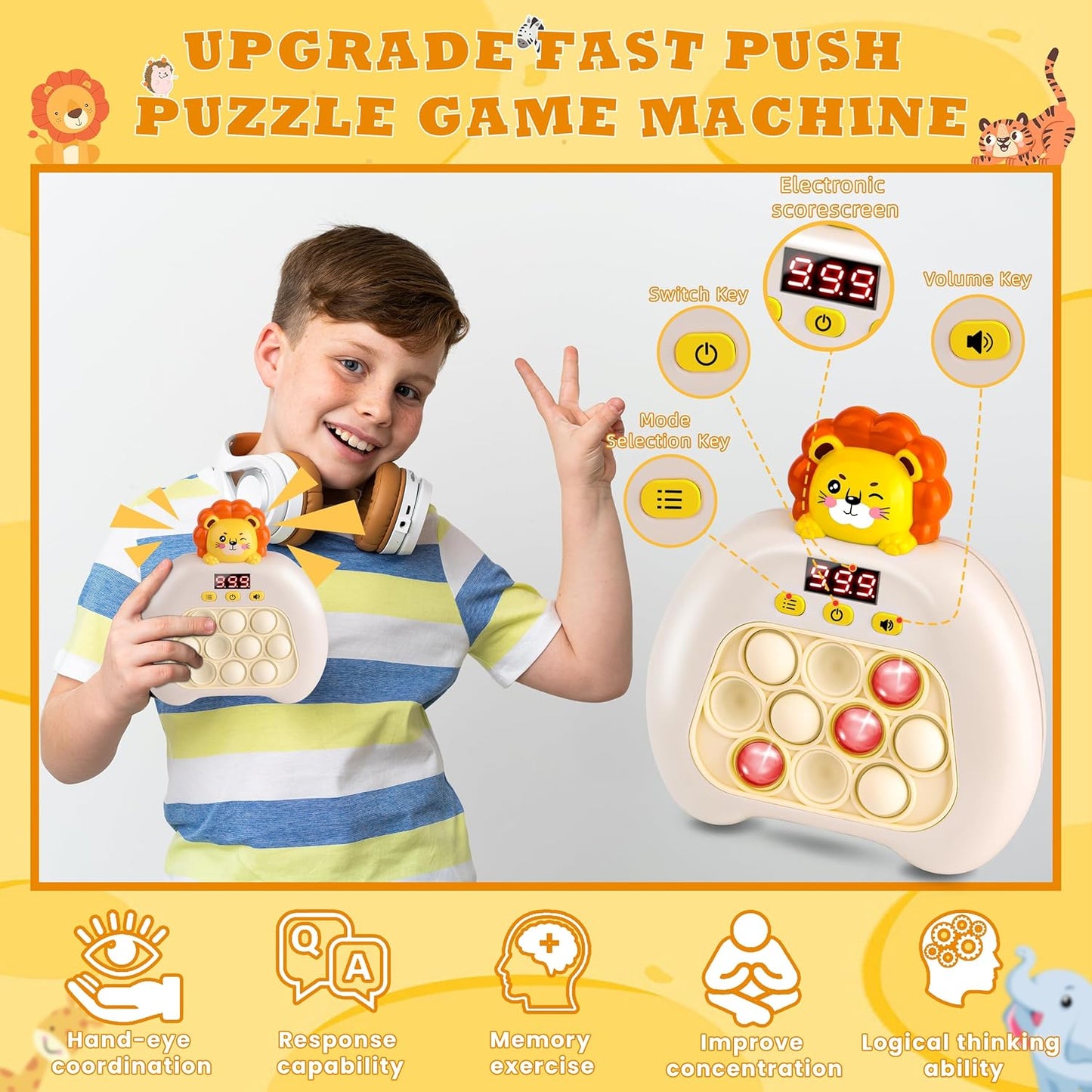 Upgraded Quick Push Game Pop Bubble Up Toys for Kids, Funny Toys with LED Screen for Kids 3-12 for Boys and Girls Bubble Stress,Handheld Puzzle Game Sensory Toys(Batteries Included)(Lion)