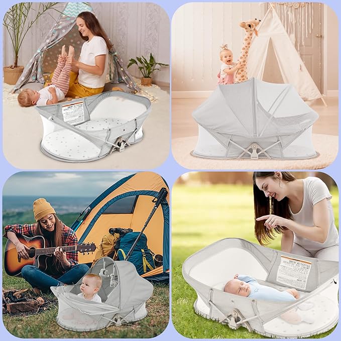Portable Baby Bassinet Travel Baby Bed included Carry Backpack , Baby Cribs Travel Pod for Outdoors Baby Lounger Infant Travel Bed with Mosquito Net and Sunshade Canopy, Lightweight Washable Foldable