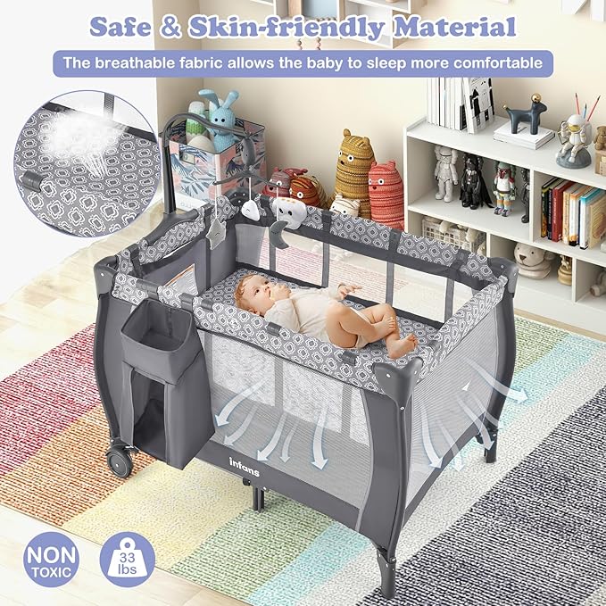 INFANS 3 in 1 Pack and Play, Portable Travel Baby Crib Bassinet with Detachable Mattress, Newborn Changing Table, Foldable Playpen with Carry Bag and 2 Wheels (Classic)