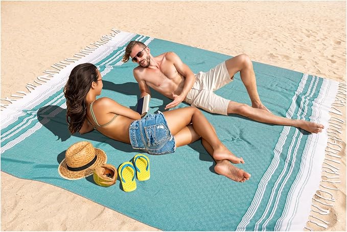 Oversized Turkish Beach Towel Blanket XXL Cotton Sandproof Towels Boho Woven Extra Large Big Sand Free Giant Throw Thick Blankets Huge Quilt XL Picnic Camping Necessities Cloud For Adult Gifts Teal