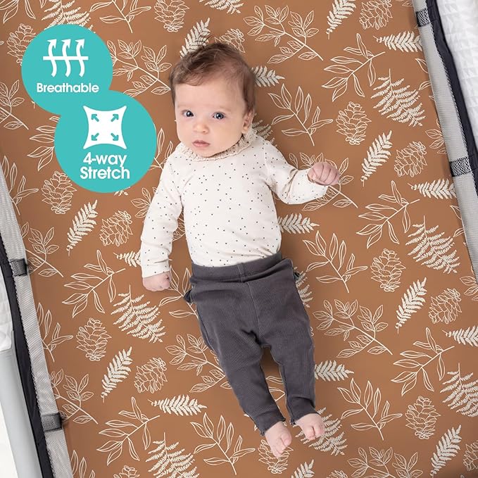 Pack n Play Sheets, BROLEX 2 Pack Mini Crib Sheets,Stretchy Portable Fitted Playard Sheet Set, Convertible Playard Mattress Cover,Ultra Soft Breathable Material,Squirrel & Foliage