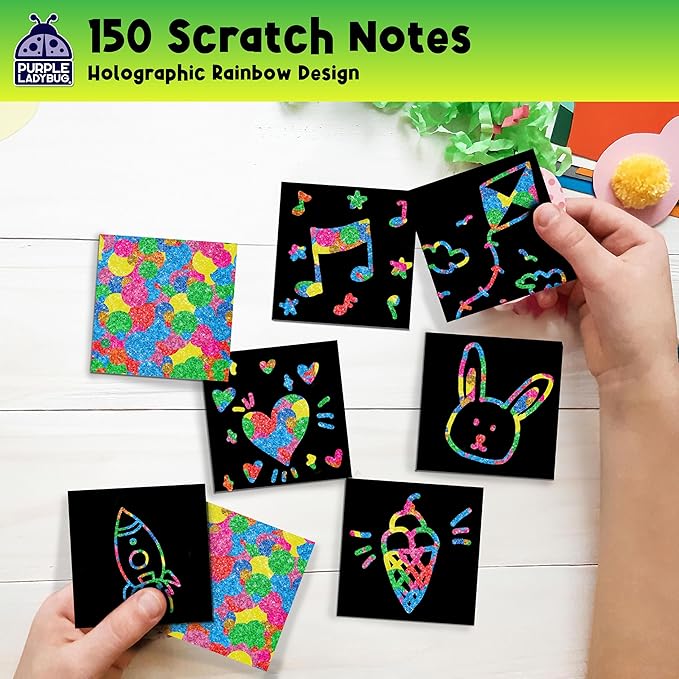 PURPLE LADYBUG Rainbow Holographic Scratch Art Mini Notes - 150 Sheets with Wooden Stylus, Classroom Must Have, Back to School Gift, School Essentials, Teen Girl Gifts