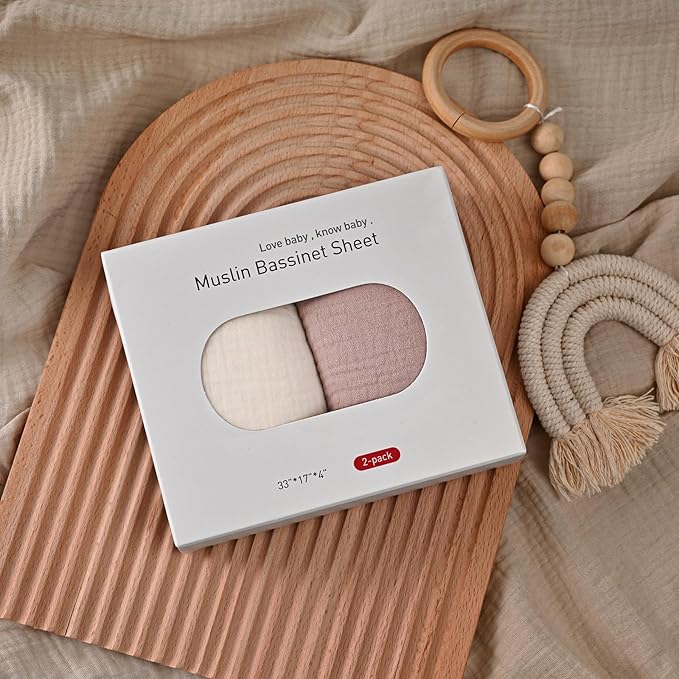 Muslin Bassinet Fitted Sheets, 2 Pack for Baby Boy and Girl, Soft Breathable Stretchy Baby Pad/Mattress Sheet Set, Universal Fit for Hourglass Oval and Rectangle Bassinet Mattress (Gentle Colors)