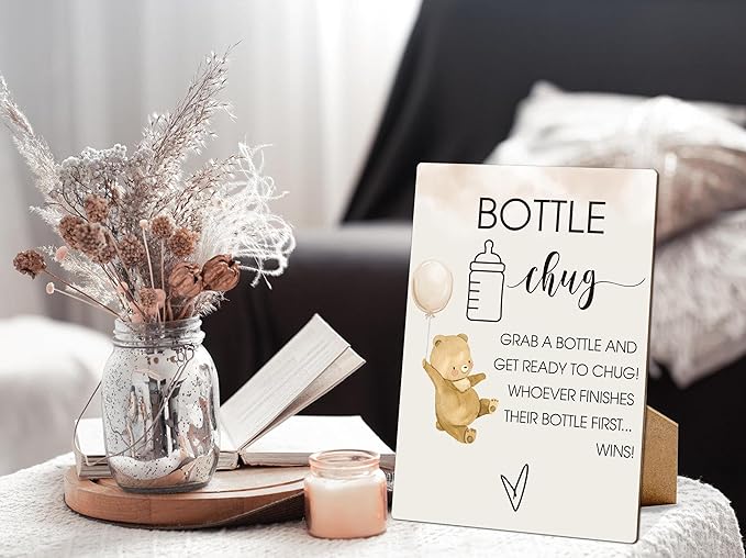 Baby Shower Games Bottle Chug Sign-8x11 Inches Little Bear Wooden Sign Baby Gift for Baby Shower Gender Reveal Party, Gender Neutral Baby Bottle Shower Party Games Favors Supplies-6
