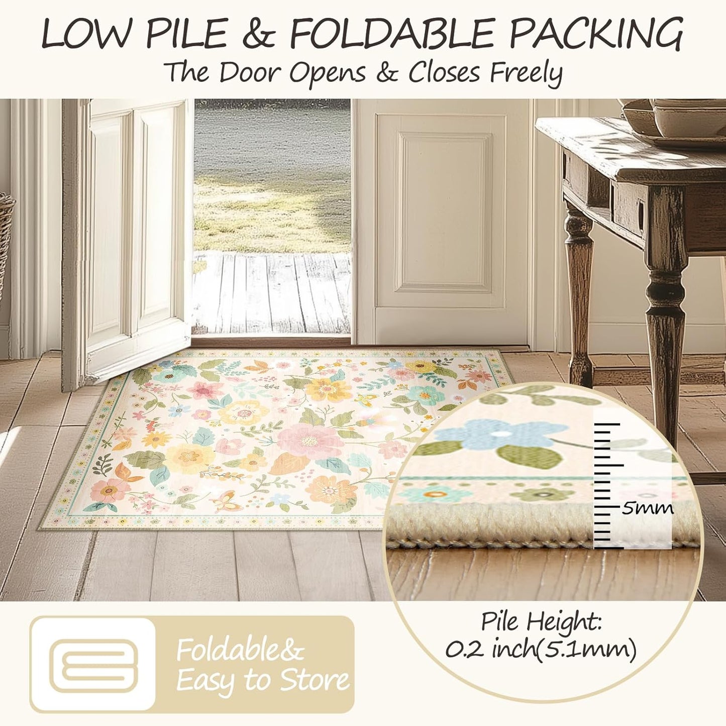 Floral 2x10 Area Rug Machine Washable Soft Print Boho Carpet Non Slip Doormat Low Pile Flower Area Rugs for Living Room Bedroom Nursery Kitchen Dining Room Indoor-Beige/White/Orange