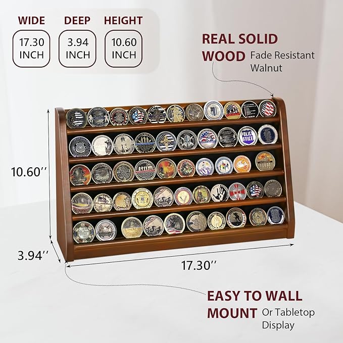 5 Rows Challenge Coin Holder Display Stand Holds 50 Coins for Wall Mount or Tabletop, Solid Wood Military Coin Rack Display Case for Collectibles, Walnut