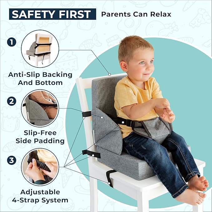 Toddler Booster Seat for Dining Table Kitchen Chair - High Portable Cushion Child Kids Seats, Restaurant Eating Chair with Adjustable Straps & Non-Slip Base