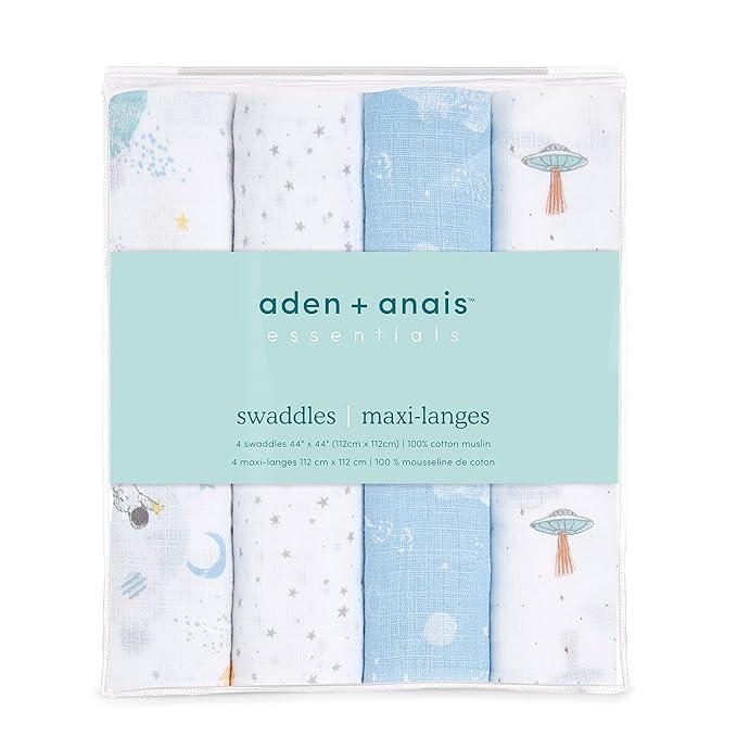 aden + anais Essentials Swaddle Blanket, Boutique Muslin Blankets for Girls & Boys, Baby Receiving Swaddles, Ideal Newborn & Infant Swaddling Set, Perfect Shower Gifts, 4 Pack, Space Explorers