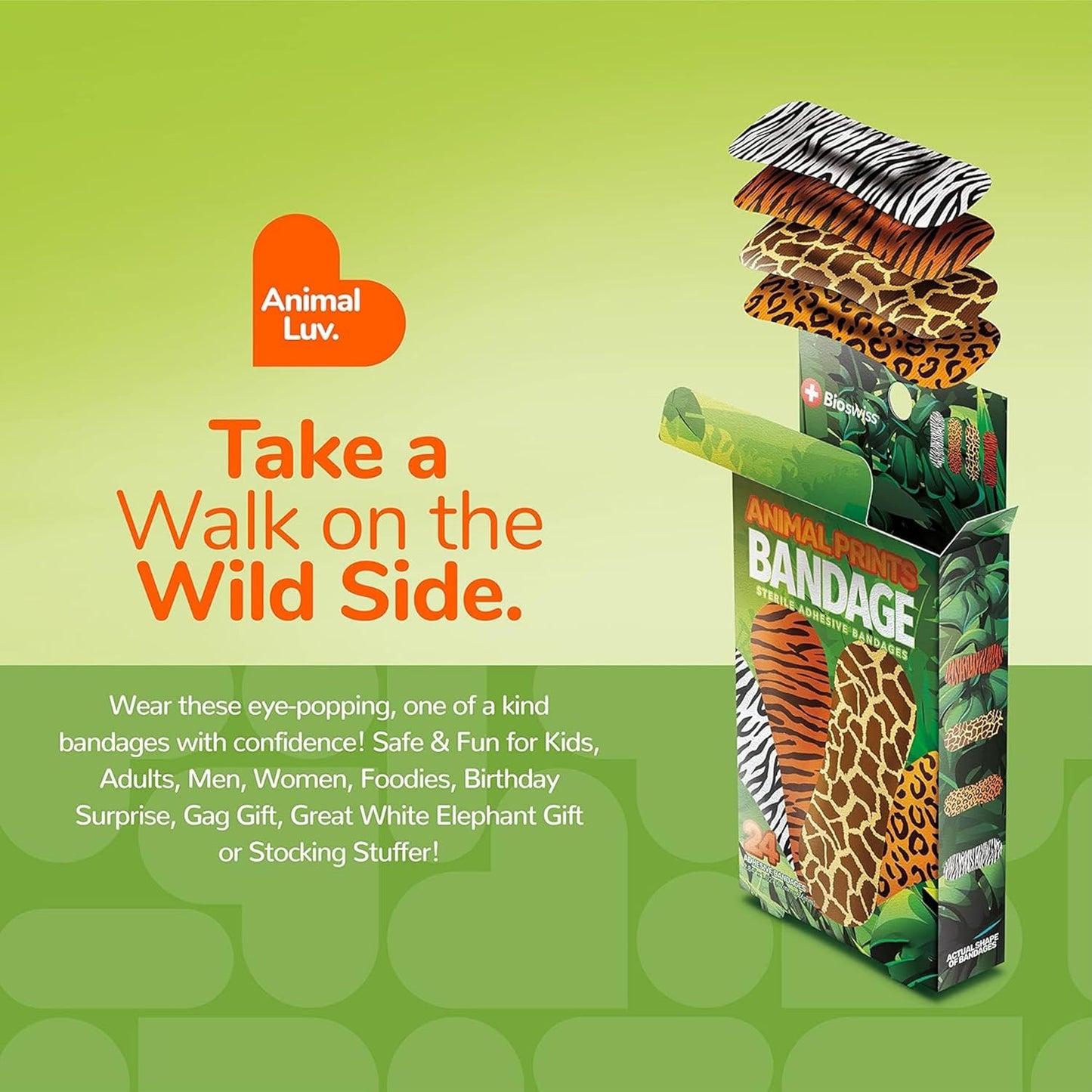 BioSwiss Bandages, Animal Prints Self Adhesive Bandage, Leopard, Zebra, Giraffe, and Tiger Print Designs, Latex Free Sterile Wound Care, Standard Shape for Kids and Adults, 24 Count