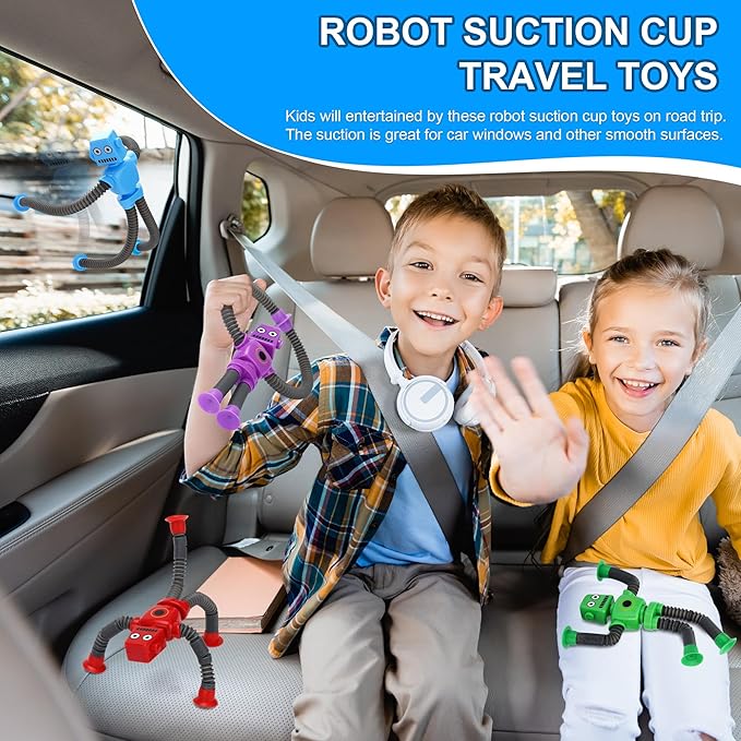 Robot Suction Cup Toys Pop Tubes | 6 PCS-Stretchy Sensory Fidget Toys for Kids Ages 3+ | Perfect for Travel, Party Favors,Autism, Stress Relief | Fun Robot-Shaped Suction Cup Toys