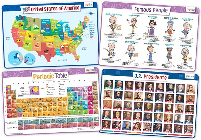 merka Periodic Table of Elements Placemat Set - 17 x 11 in, Multicolor, 4-Pack - Washable Silicone Learning Placemats for Kids Educational Dining & Kitchen Use - Includes US Map & President Info