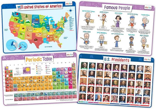 merka Periodic Table of Elements Placemat Set - 17 x 11 in, Multicolor, 4-Pack - Washable Silicone Learning Placemats for Kids Educational Dining & Kitchen Use - Includes US Map & President Info