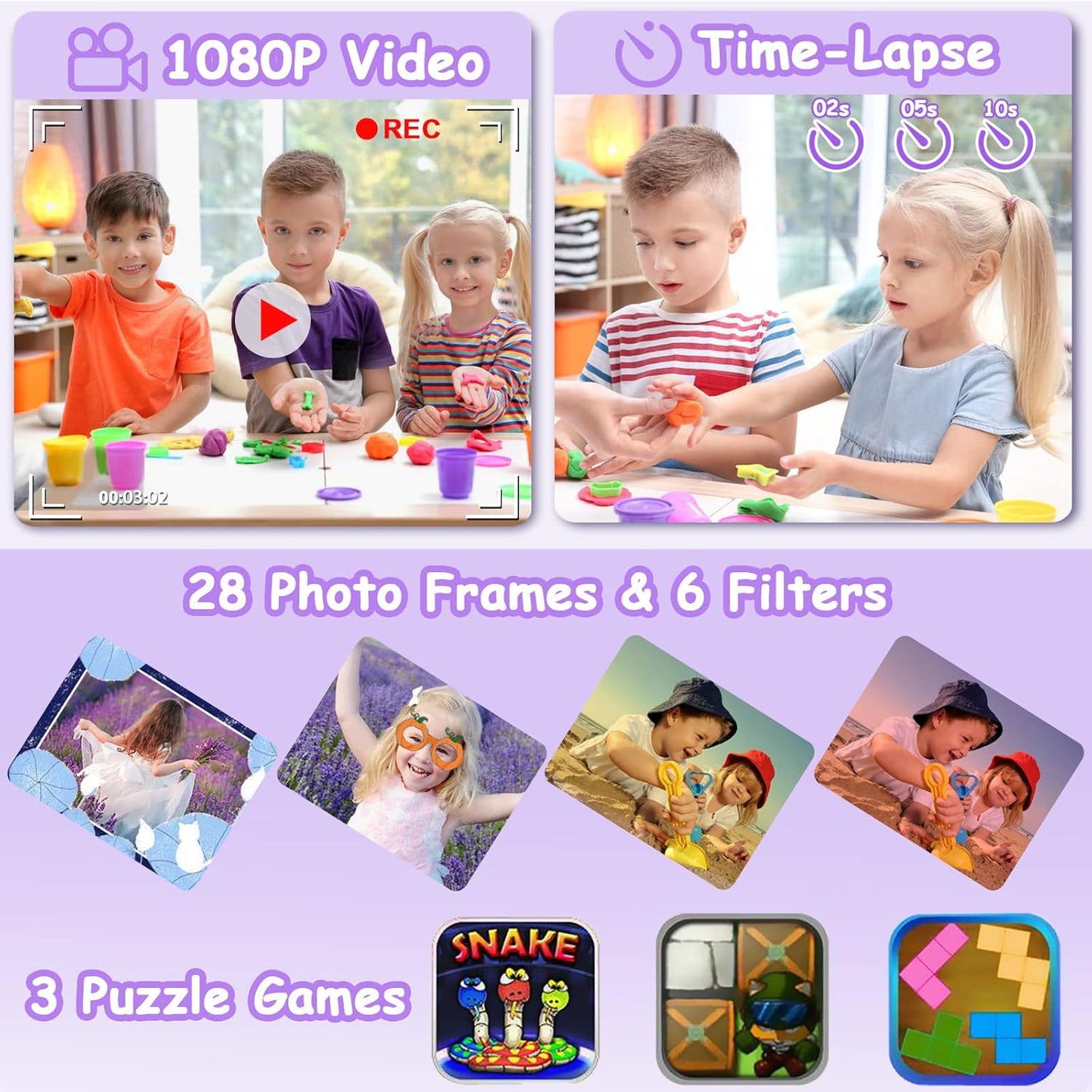 Agoigo Kids Waterproof Camera - Children Underwater HD Video Digital Camcorder, Portable Travel Toy for Toddler - Ideal Christmas Birthday Gifts for Boys Girls Age 3-12 with 32GB Card (Purple)