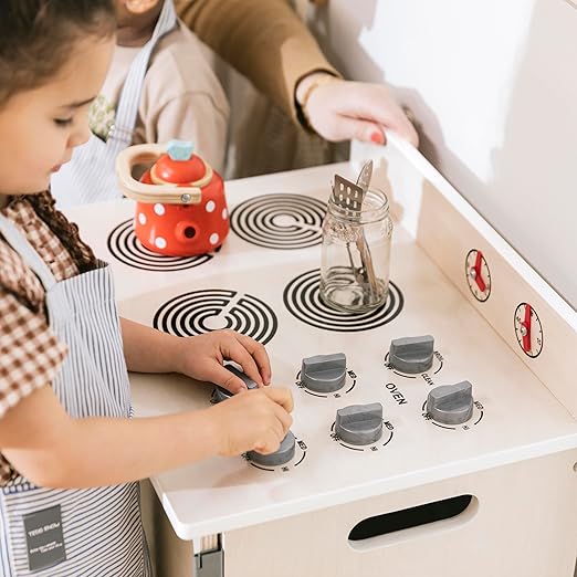 ECR4Kids Play Kitchen Stove, Wooden Playset, White Wash
