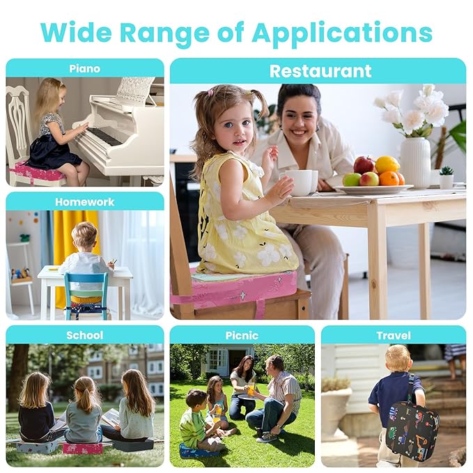 Toddler Booster Seat for Dining Table, Kids Booster Seat for Kitchen Chair with Non-Slip Bottom, Portable Detachable Washable Increasing Cushion with 2 Adjustable Straps (Mermaid)