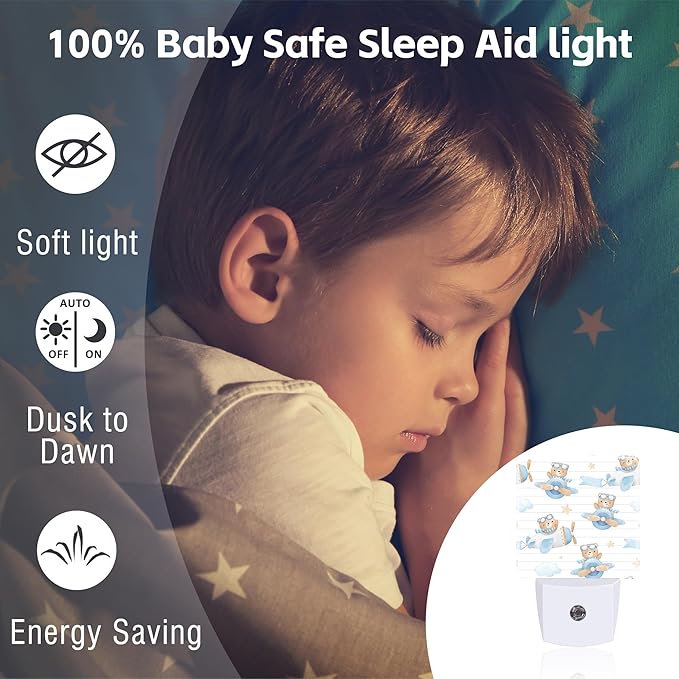 Cute Adventure Bear in Airplane Night Light, Cartoon Animal Dusk to Dawn Night Light Plug in,0.5w Energy Saving Sleep Friendly NightLight for Kids Boys Girls Home Decor