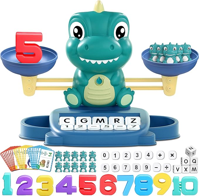 Dinosaur Math Balance Toy for Boys and Girls - Montessori Matching Letter Toy for Kids 3 Year Olds, Educational Kindergarten Preschool Early Learning, Birthday Gift for 4 5 6 7 Years Old