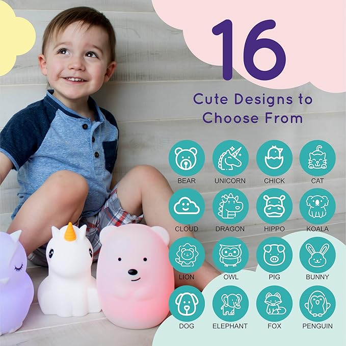 Lumipets Baxter The Bunny Squishy Night Light for Kids | Silicone Lamp with Tap & Remote Control | Rechargeable Color Changing Animal Night Light for Boys & Girls | Portable Nightlight with USB Cord