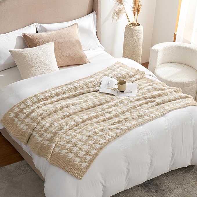 Snuggle Sac Throw Blanket for Couch, Reversible Super Soft Warm Blankets Cozy Knit Fuzzy Plush Lightweight Throws for Sofa, Bed, Camping,Houndstooth Beige,50x60 inches