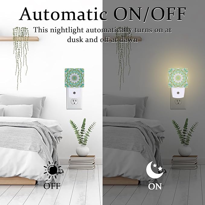 Vintage Mandala Flower Night Light Plug into Wall, Green Mandala Floral Dusk to Dawn Night Light,0.5w Energy Saving Sleep Friendly Nightlights for Kids Boys Girls Home Decor