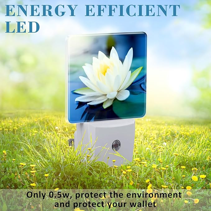 Night Light Plug into Wall White Lotus Flowers Night Light with Dusk to Dawn Sensor for Kid Girls Boys Women Men Room Decor, Hallway, Kitchen, Bathroom, Nursery, Stairs