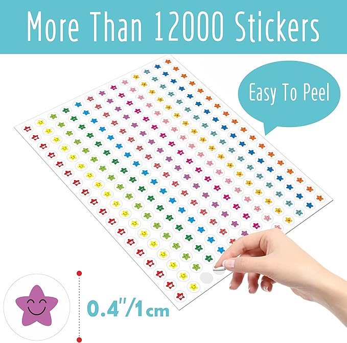 12456 Star Stickers - 12100+ Colorful & 288 Gold Foil Stars, 14 Colors & Designs for Reward Chart (3/8')