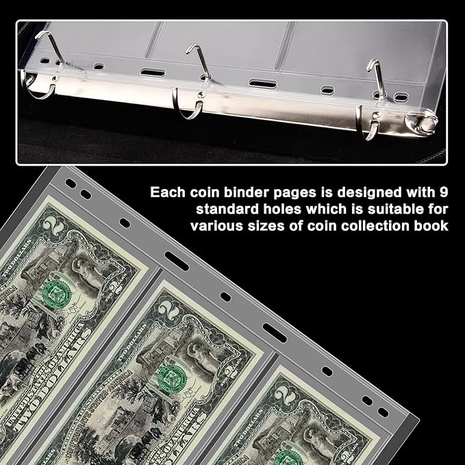 12 Sheets Paper Money Collection Supplies Pages, Currency Collecting Book Album Sleeves, 36 Pocket Money Stamp Page Holders for Standard 9-Hole Coin Collector Binder, 3 Pockets/Sheet