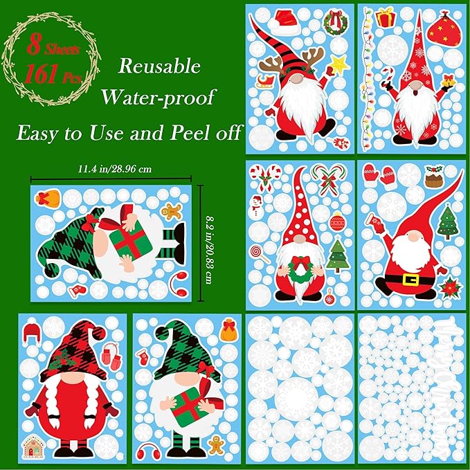Joy Bang 320 PCS Christmas Window Clings, Christmas Window Stickers Decorations Gnome Snowflake Xmas Decals Decor for Glass Window Home Office Indoor