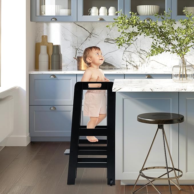 Hauck Learn N Explore Montessori Toddler Tower, Adjustable Wooden Kitchen & Bathroom Step Stool Helper for Home Use with Kids Ages 1+, Black