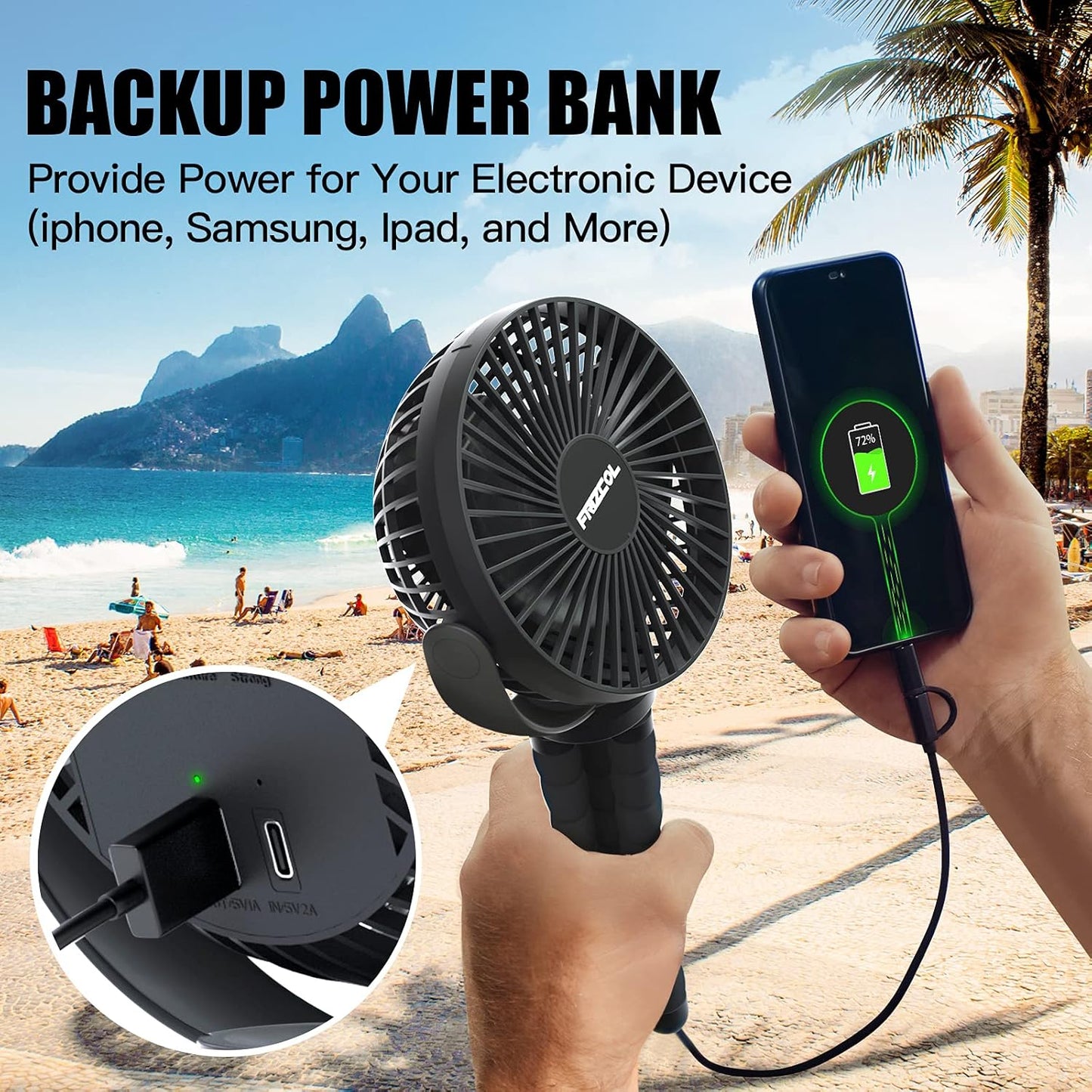 FRIZCOL Portable Stroller Fan, Use As Power Bank, 65H 12000mAh Battery Operated Fan Flexible Tripod Baby Car Seat Fans with Timming, Personal Mini Handheld/Desk/Small Clip On Fans For Stroller