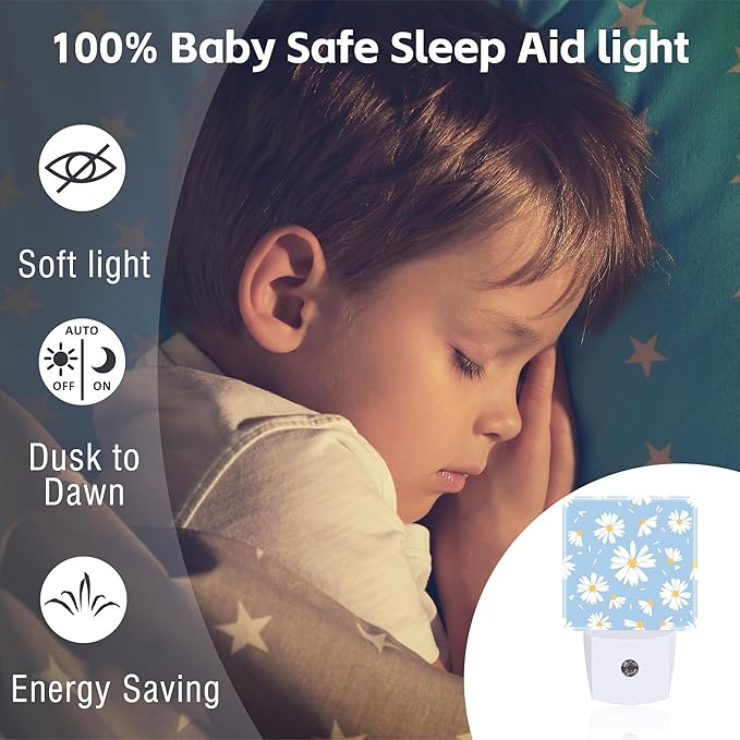 Watercolor White Daisies Flowers Night Light for Kids,Abstract Floral Flying Petals Night Light Plug in with Dusk to Dawn Sensor,0.5w Energy Saving Nightlight for Hallway Stairway Kitchen Bedroom