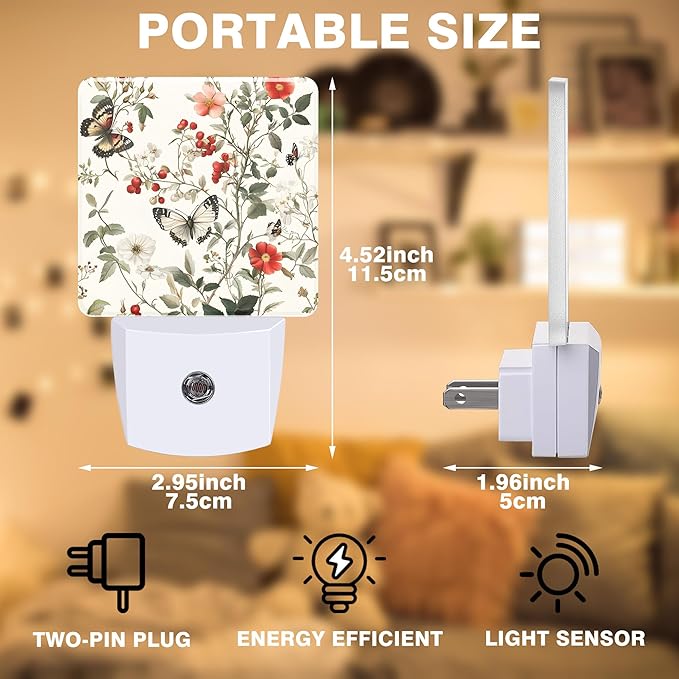 Vintage Flower and Butterfly Night Light, Plug-in Nightlight with Dusk to Dawn Auto Sensor for Home Bedroom Hallway Kitchen 0.5W Sleep Friendly Led Lamp for Women Men