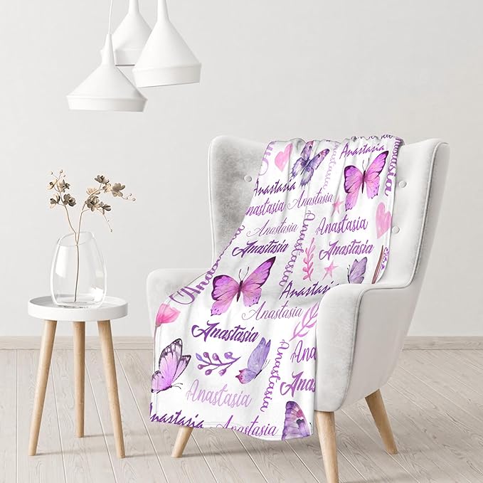 Personalized Baby Blanket for Girls Boys Kids Butterfly Custom Baby Blanket with Name Throw Birthday Gift for Toddlers Infants Shower Newborns Nursery Stroller Crib Bed Decor