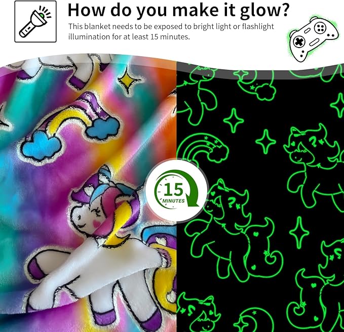 Unicorn Glow in The Dark Blanket, Unicorn Blanket for Girls/Kids, Unicorns Gifts for Girls Age 3-12, Toddler Blanket for Kids, Soft Fleece Blanket Throw Birthday Gift 50"x60"