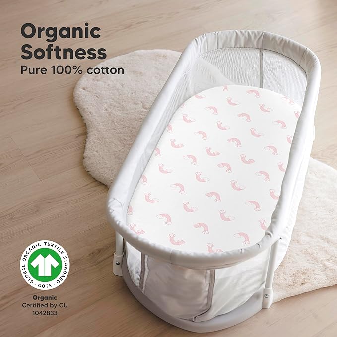 2-Pack Organic Bassinet Sheets for Girls, Boys - 100% Cotton Bassinet Mattress Sheets Compatible with Halo Bassinest Swivel Sleeper, Graco,Baby Delight,Chicco,Unisex Fitted Bassinet Sheets (Dreamland)