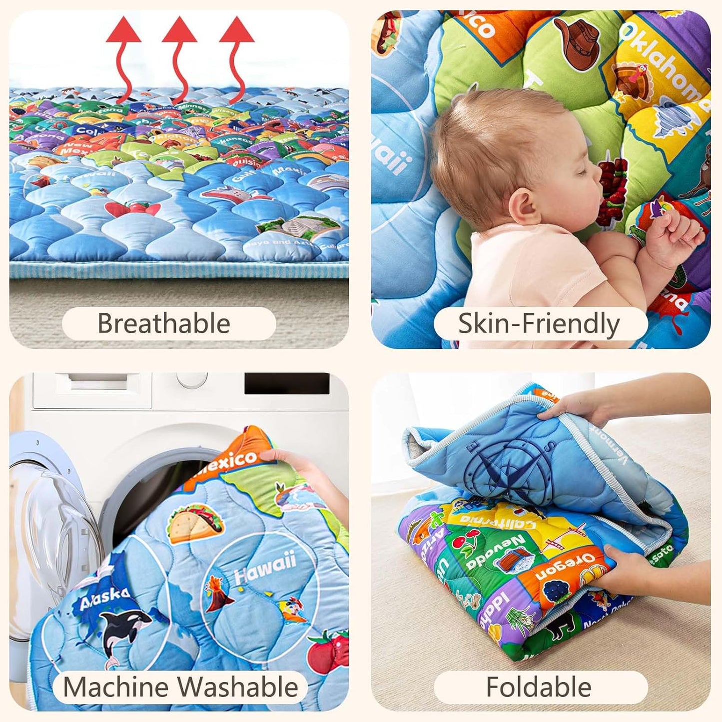 Baby Play Mats for Floor, 71”x59” Upgraded Thickness & Larger Super Soft Playmat for Babies and Toddlers, Foldable Washable, Upgrade Anti-Slip Crawling Mat for Playpen(Map)