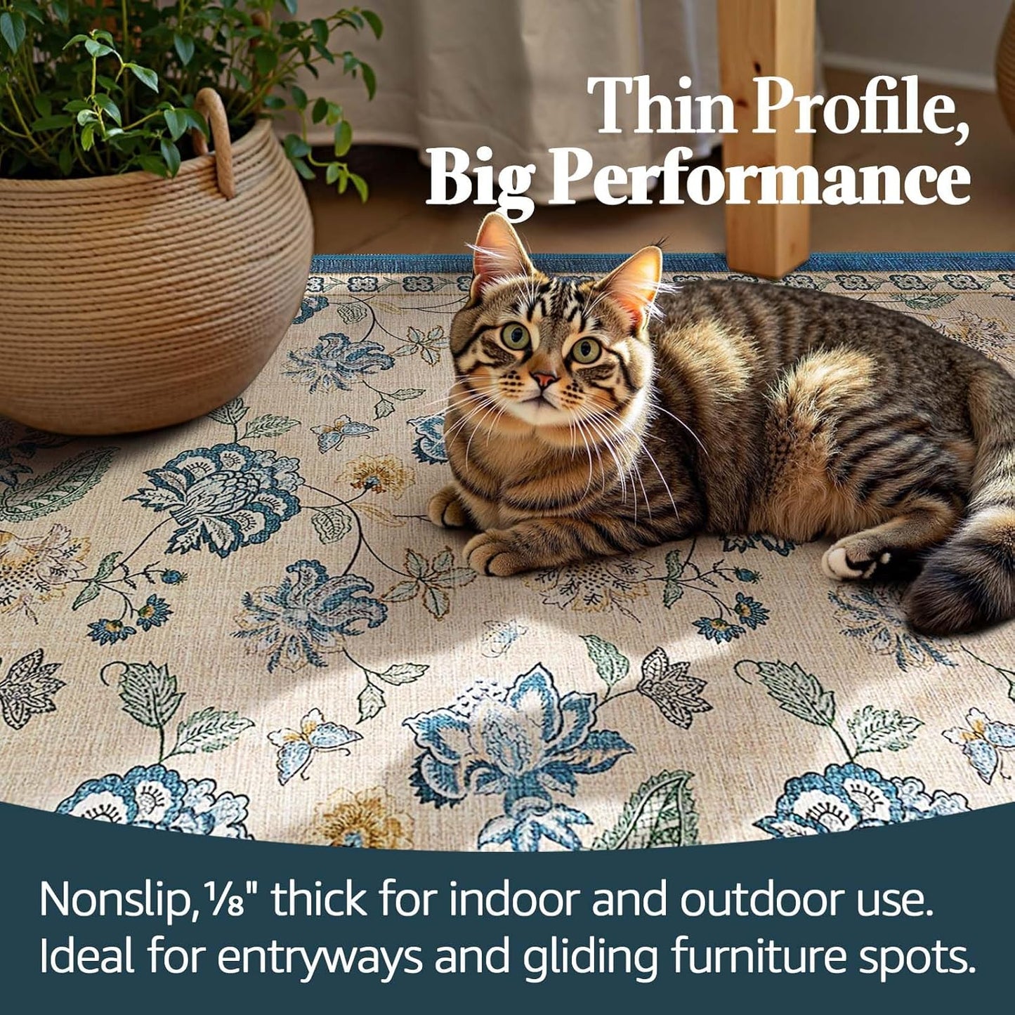 jinchan Floral Corner Rug for Living Room Washable Bedroom Rug Vintage Romance Design Non Slip Quarter Circle Lightweight Low-Pile Throw Carpet for Reading Nook Playroom,8ft Radius, Blue/Beige