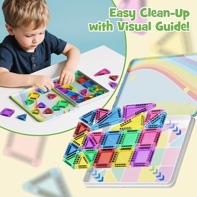 Magnetic Tiles Travel Toys for Kids 4-8, 42PCS Candy Color STEM Building Blocks with Visual Storage Guide & Metal Case, Airplane Activities & Toddler Travel Essentials Ages 3-5
