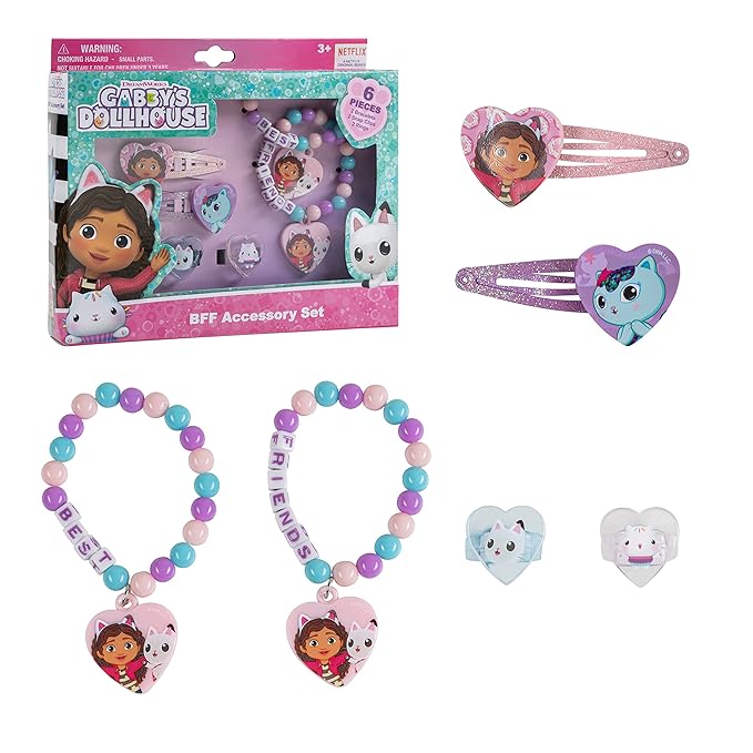 LUV HER Gabby's Dollhouse Girls BFF 6 Piece Toy Jewelry Box Set with 2 Rings, 2 Bead Bracelets and Snap Hair Clips Ages 3+
