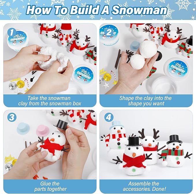 100pcs Snowman Craft, Build a Snowman Kit Indoor Decor, Snowman Kit DIY Christmas Ornaments, Creative Air Dry Modeling Clay Bulk, Xmas School Family Party Activities Snowman Making Set