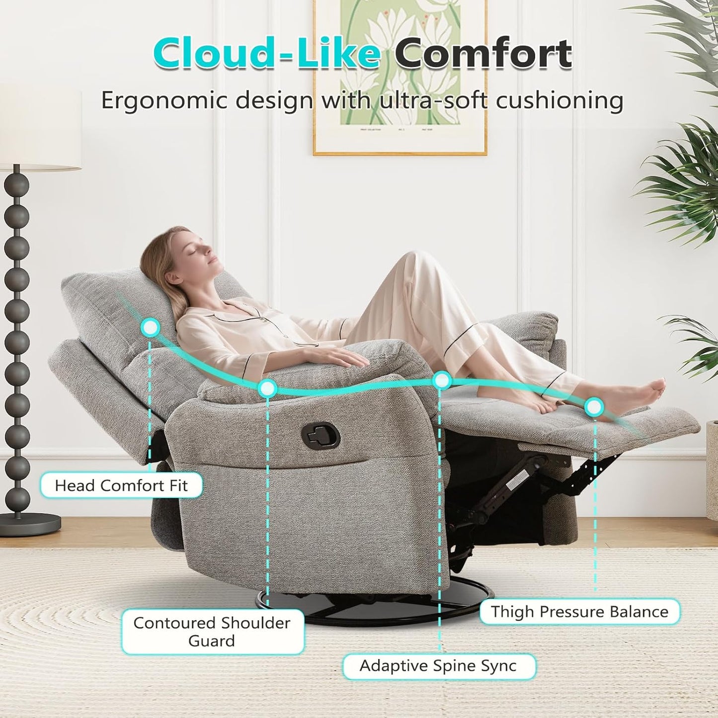 ANJ Manual Fabric Recliner Chairs, Set of 3, Swivel Rocker Glider, Silver